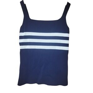 Cyrus Womens Navy Blue White Striped Square Neck Ribbed Knit Tank Top Small